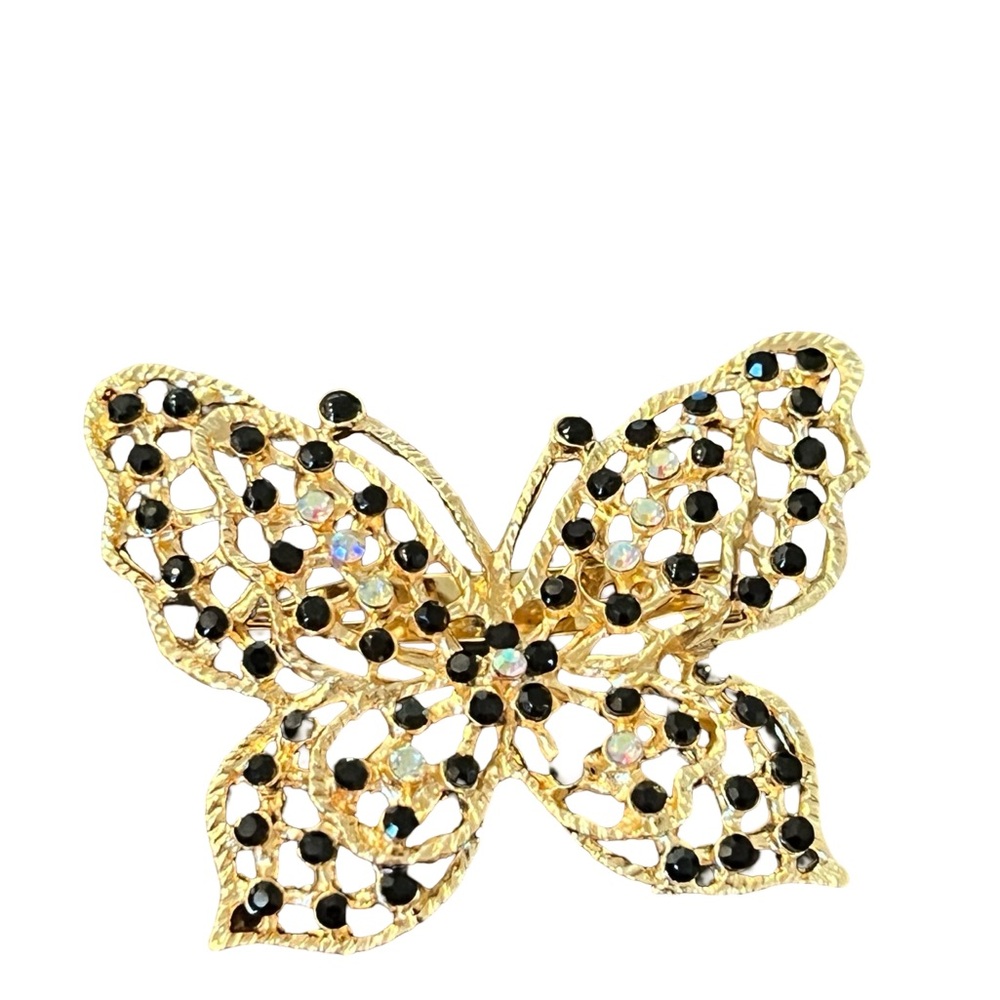 Gold Butterfly Brooch with Black and Aurora Rhinestones - Women Jewelry